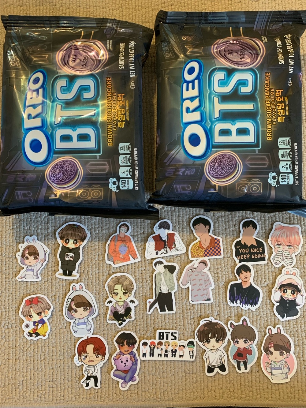 2 packs BTS x OREO Brown Sugar Pancake Snack Packs with K-Pop Stickers
